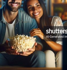 a man and woman holding a bowl of popcorn