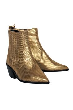 Current Boutique-Carvela - Gold Snakeskin Heeled Booties Sz 6 Gold Pointed Toe Boots For Fall, Gold Ankle Boots For Winter, Gold Ankle Boots For Fall, Gold Western Boots For Winter, Trendy Gold Boots For Fall, Trendy Gold Leather Boots, Glamorous Gold Leather Boots, Snake Print Party Boots For Fall, Fall Party Boots With Snake Print