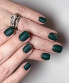 Best Nails For Green Dress, Dark Nail Polish Designs, Flat Green Nails, Dark Green And Grey Nails, Hunter Green Tips Nails, Green Gel Manicure Short Nails, Simple Short Green Nails, Matte Hunter Green Nails With Gold, Green And Gold Simple Nails