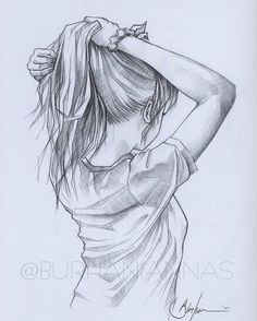 a pencil drawing of a girl with her hair blowing in the wind and wearing a ponytail