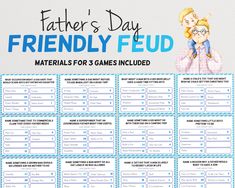 a father's day game board with the words, family fud materials for 3 games included