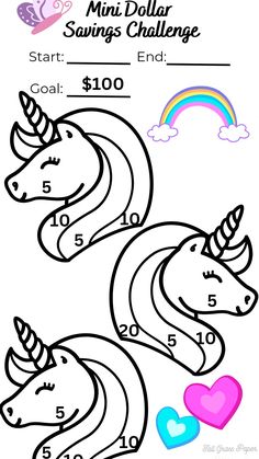 two unicorns with numbers to 10 and counting them on the same page, one has hearts