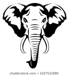 an elephant's head with tusks and ears in black on white background