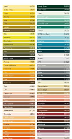 the color chart for different shades of paint, including yellow and green with red on each side