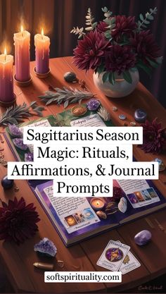 a table with candles, flowers and cards on it that says sagittrius season magic rituals, affirmationss & journal prompts