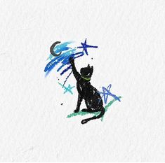 a drawing of a black cat with stars on it's back and arms in the air