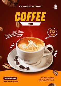 coffee time flyer template with cup and saucer on plate, surrounded by coffee beans