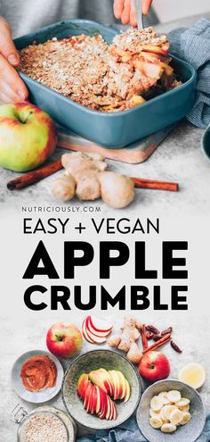 an advertisement for the easy and vegan apple crumble is shown in this image