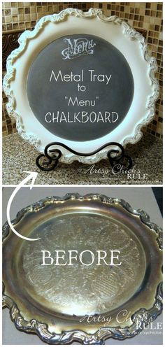 the before and after pictures of metal trays that have been decorated with chalk paint