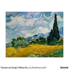 an oil painting on canvas of a wheatfield with blue sky and clouds above it