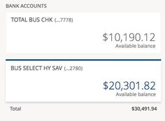 two screenshots showing the balance and cost of each bank account