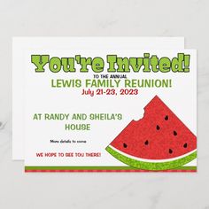 a watermelon birthday party card with the words you're invited to the annual lewis family reunion