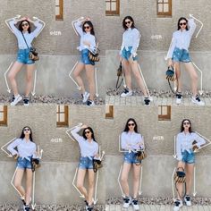 four pictures of a woman posing in front of a wall with her hands on her hips