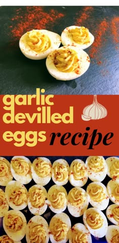 garlic deviled eggs recipe with text overlay