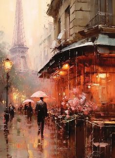 a painting of people walking in the rain with an umbrella near the eiffel tower