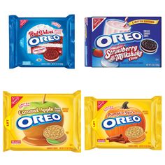 four bags of oreo cereal are shown