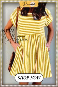 Stripe Short Sleeve Pocekts Mini Dress Short Sleeve Dresses With Pockets For Day Out, Short Sleeve Midi Dress With Pockets For Vacation, Summer Dresses With Pockets For Day Out, Casual A-line Dresses With Pockets, Casual Yellow A-line Midi Dress, Mini Dress With Pockets For Vacation, Summer Dresses With Pockets Mini Length, Mini Dress With Pockets For Day Out, Knee-length Spring Mini Dress With Pockets