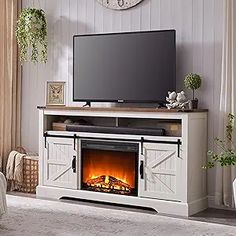 a living room with a television and fireplace