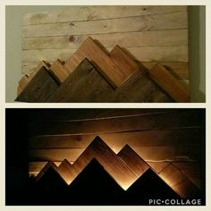 some wood is stacked on top of each other and the bottom has lights in it