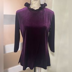 This Luxurious Velvet Blouse By Sara Campbell Features A Rich Purple Color, A Cowl Neck Neckline, And Elegant Ruffled Style Details. Nwt Bundle And Save Velvet Mirror Cowl, Cowl Neck Blouse, Velvet Blouse, Ruffles Fashion, Velvet Blouses, Rich Purple, Purple Velvet, Purple Color, Cowl Neck