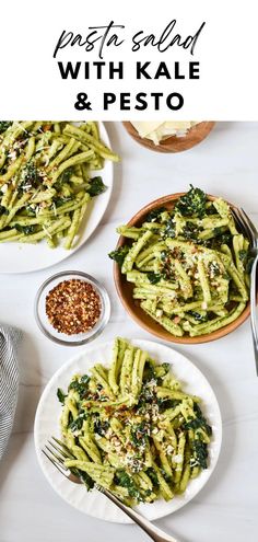 pesto pasta with kale on two plates