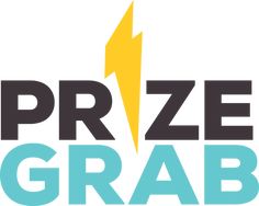 the prize grab logo is shown in blue, yellow and black with a lightning on it