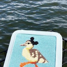 a cross - stitch picture of a duck on the back of a fishing net with water in the background