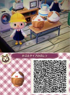 an animal crossing character is standing in front of a table with some food on it