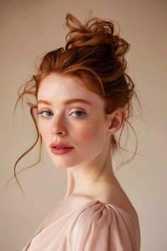 a woman with red hair and blue eyes wearing a pink dress is looking at the camera