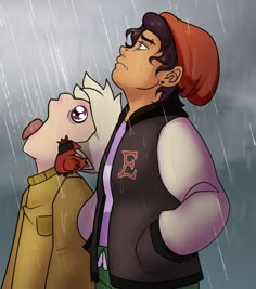 two people standing in the rain with one holding an animal and the other looking at something