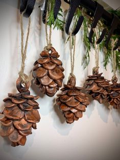 three pine cones hanging from hooks on a wall