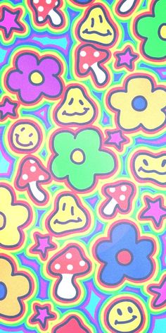 an image of colorful flowers and smiley faces on a blue, green, yellow, pink, purple, red, orange, and black background