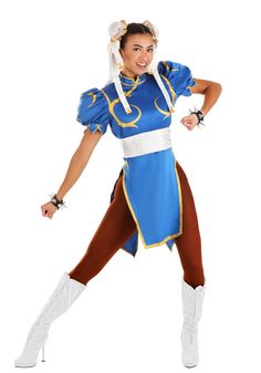 a woman in a blue and white costume posing for the camera with her hands on her hips