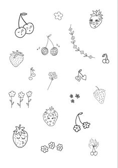 an image of various fruits and vegetables drawn in black ink on a white paper background