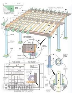 an image of a wooden structure with plans and details for it, including the roof