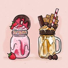 two jars filled with different types of desserts and one has a strawberry on top