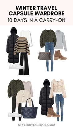 Fall & Winter Capsule Wardrobe: 10 Days of Travel Outfits in a Carry-On Suitcase ft. black puffer parka jacket, striped sweater, quilted puffer liner jacket, and lightweight tote/ahndbags. Packing For A Month Trip Winter, Carry On Wardrobe Fall, 4 Day Winter Travel Outfits, 10 Day Travel Wardrobe Winter, How To Pack For 2 Weeks In Europe Winter, Winter Weekend Capsule Wardrobe, Carry On Capsule Wardrobe Winter, India Winter Outfits, Capsule Winter Travel Wardrobe