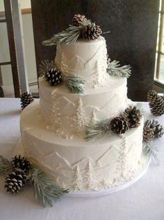 a three tiered white wedding cake with pine cones on top