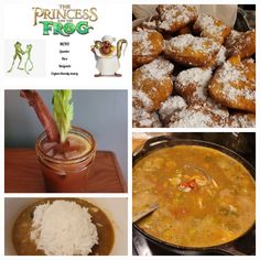 the princess and the frog is shown in this collage with pictures of food, drinks, and desserts