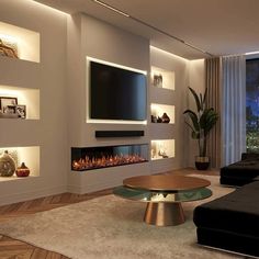 modern living room with fireplace and entertainment center