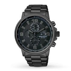 This chronograph timepiece for him showcases a stylish black ion-plated stainless steel case and bracelet. The round black dial includes a date window. Protected by a mineral crystal. Features Eco-Drive technology, powered by light, so it never needs a battery. Water-resistant to 200 meters. From the Nighthawk collection. Black Chronograph Watch With 10atm Water Resistance, Casio Protrek, Mens Watches Citizen, Eco Drive Watches, Mens Chronograph, Timex Watches, Amazing Watches, Citizen Watch, Citizen Eco