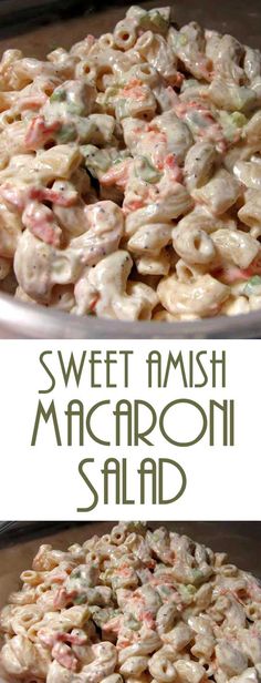 two pictures of macaroni salad with the words sweet amish macroon salad