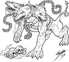 a drawing of a monster attacking a skull