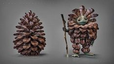 three different types of pine cones with one holding a stick