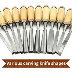 various carving knife shapes are arranged in a row on a white background with text overlay