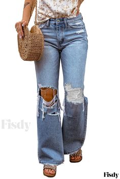 Fisdy - Vaqueros de pierna ancha desgastados con detalle de rodilla abierta Wide Leg Ripped Jeans, Fashion Mark, Chic Jeans, Jean Large, Birthday Outfits, Destroyed Jeans, Latest Trend, Mid Rise Jeans, Look At You