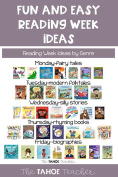 a poster with the words fun and easy reading week ideas