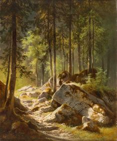 a painting of rocks and trees in the woods