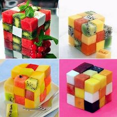 four different types of fruit cubes on plates