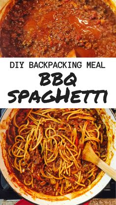 the recipe for bbq spaghetti in a skillet is shown with text overlay